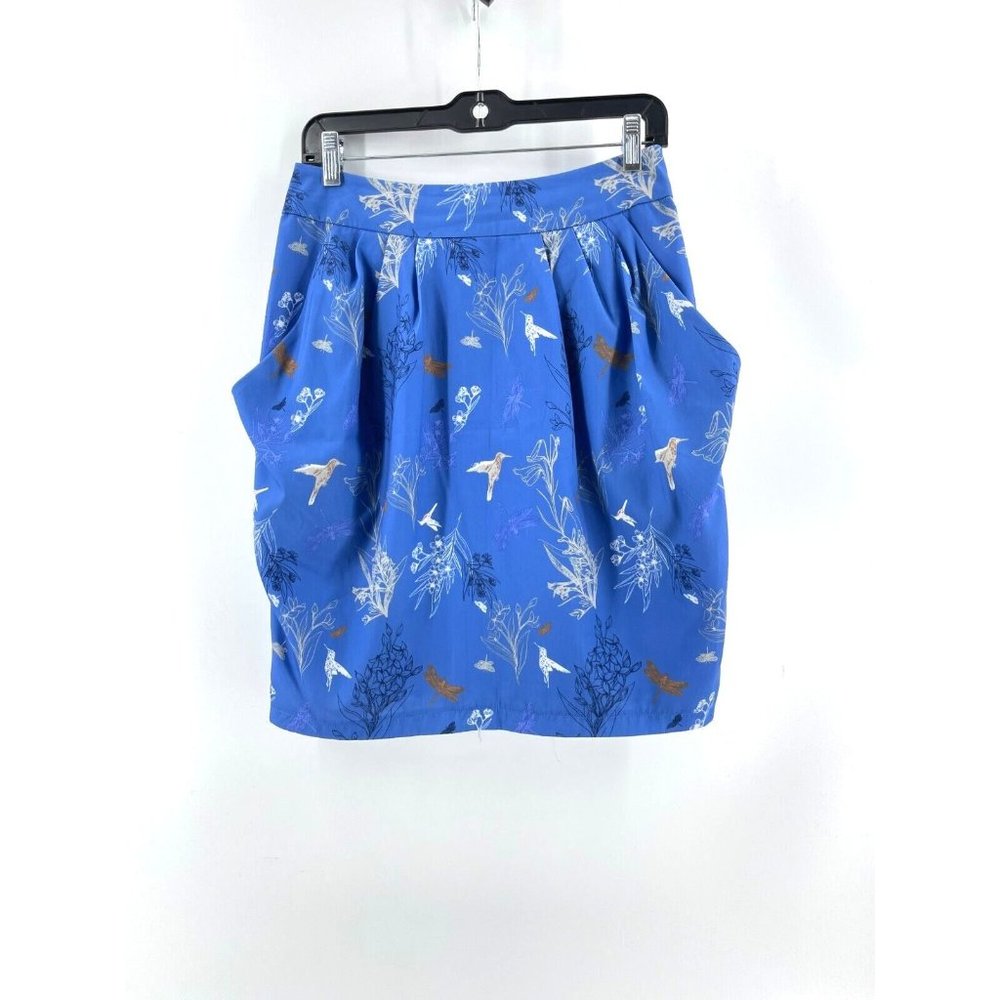 H & M Women's Blue Hummingbird Floral Print Pockets Skirt Back Zip Size 8